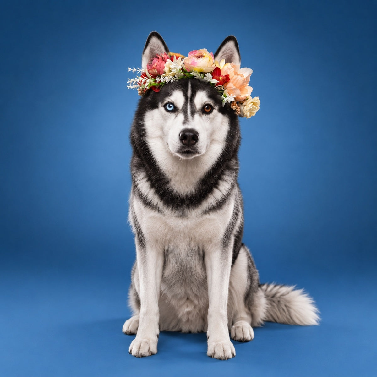 Carte cadeau shooting photo pour chien : husky avec couronne de fleurs en studio — Doggies Studio